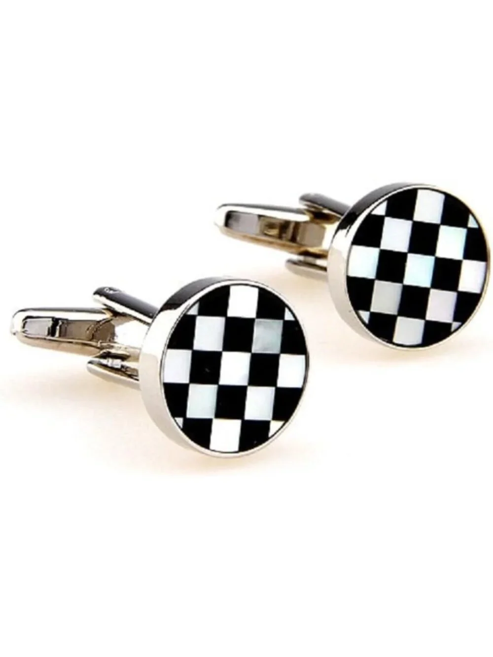Elegant Black and White Check Cufflinks with Mother of Pearl & Gift Box